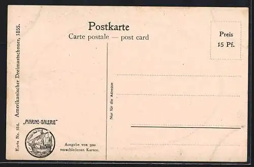 Künstler-AK Christopher Rave: Marine-Galerie, Karte Nr. 184, Amerikanischer Dreimastschoner, 1855