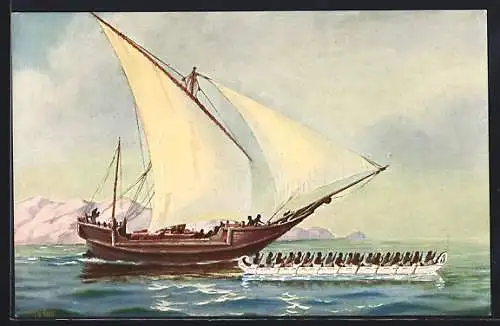 Künstler-AK Christopher Rave: Holztansportboot vor der Küste von Malabar