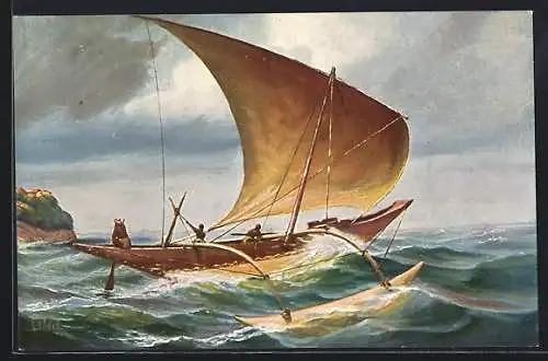 Künstler-AK Christopher Rave: Ceylon, Segelboot mit Ausleger in Fahrt