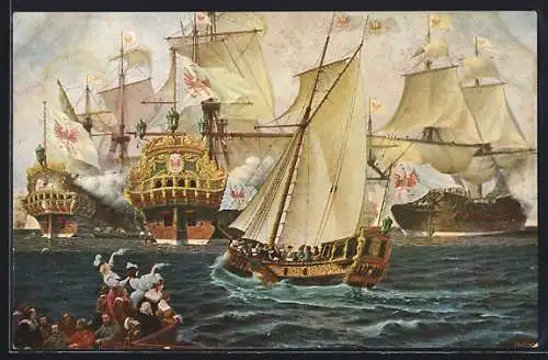 Künstler-AK Christopher Rave: der grosse Kurfürst und seine Flotte auf der Nordsee bei Emden