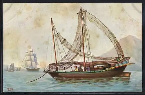 Künstler-AK Christopher Rave: Marine-Galerie, Karte Nr. 104, Grosses chinesisches Fischerboot