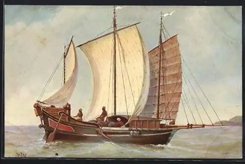 Künstler-AK Christopher Rave: Malakka, Transportschiff vor der Insel, Jetztzeit