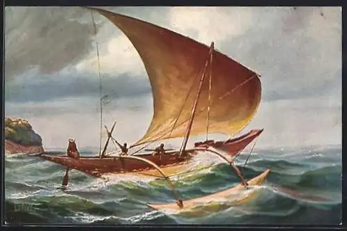 Künstler-AK Christopher Rave: Ceylon, Segelboot mit Ausleger in Fahrt