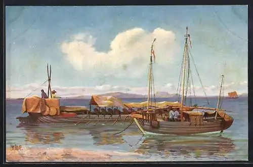 Künstler-AK Christopher Rave: Transportboote vor der Küste Malakkas