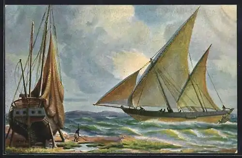 Künstler-AK Christopher Rave: Kalkutta, Transportboot vor der Küste