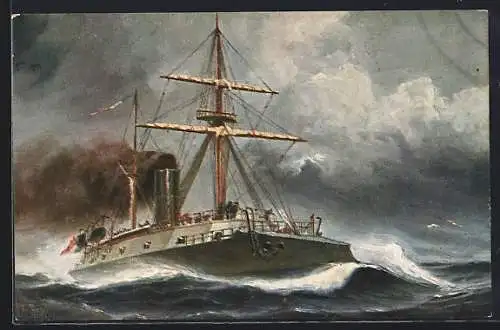 Künstler-AK Christopher Rave: Französisches Panzerkanonenboot Le Rochambeau auf hoher See, 1870