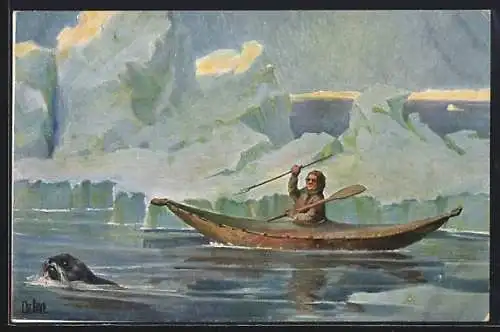 Künstler-AK Christopher Rave: Grönlandboot Kajak, Jetztzeit