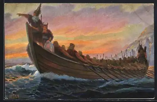 Künstler-AK Christopher Rave: Wikingerboot auf hoher See, 4. Jahrhundert