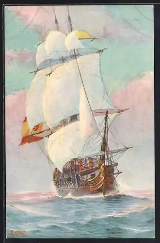 Künstler-AK Christopher Rave: Spanisches Kriegsschiff, Anfang 18. Jahrh.