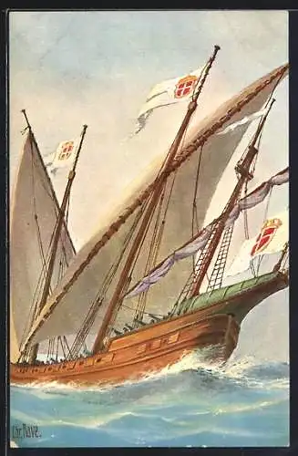 Künstler-AK Christopher Rave: Segelschiff Portugiesische Schebecke um 1700