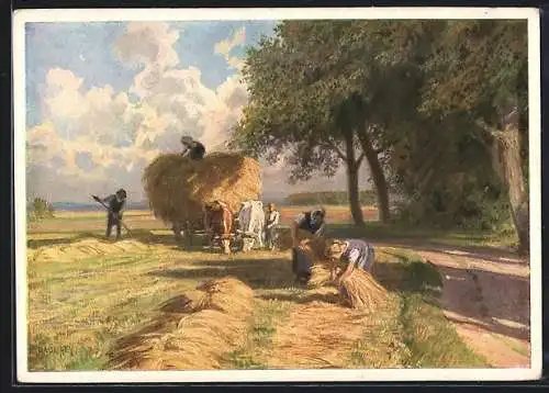 Künstler-AK P. Hey: Sommerszeit, Erntezeit, Bauern bei der Heuernte mit Ochsengespann