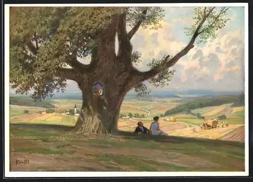 Künstler-AK Paul Hey: Paar sitzt unter einem Baum und blickt über die Landschaft, Sommerszeit