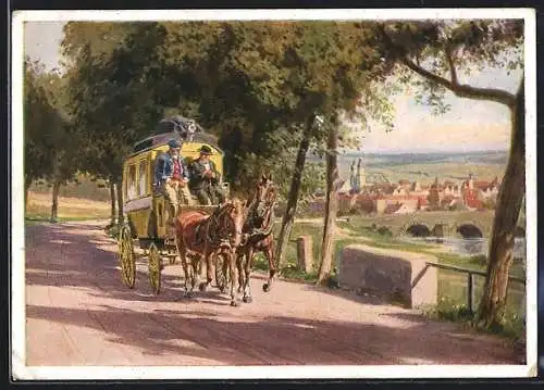 Künstler-AK P. Hey: Postkutsche verlässt die Stadt