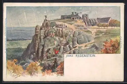 Lithographie Schwenke Ser. 3 Nr. 2: Blankenburg /Harz, Festung Regenstein, Berg mit Gesicht / Berggesichter