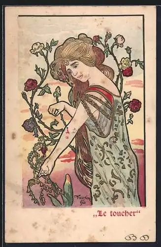 Künstler-AK sign.Kieszkow: Le toucher, Frau verletzte sich an den Dornen, Jugendstil