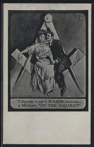 Künstler-AK Paar sitzt auf einem Freimaurer-Symbol, I dearly love a mason...