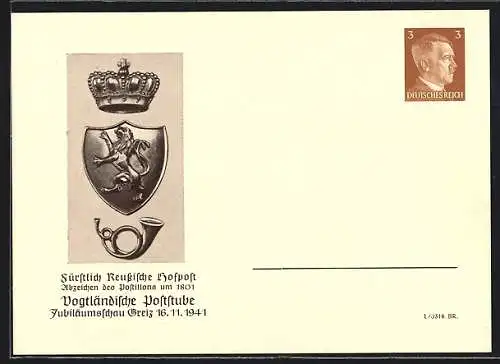 AK Greiz, Vogtländische Poststube, Fürstlich Reussische Hofpost, Abzeichen des Postillons um 1801, Ganzsache PP 152 E3