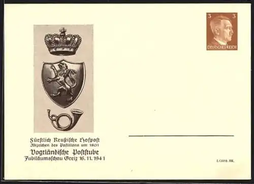 AK Greiz, Vogtländische Poststube, Fürstlich Reussische Hofpost, Abzeichen des Postillons um 1801, Ganzsache PP152C3 /02