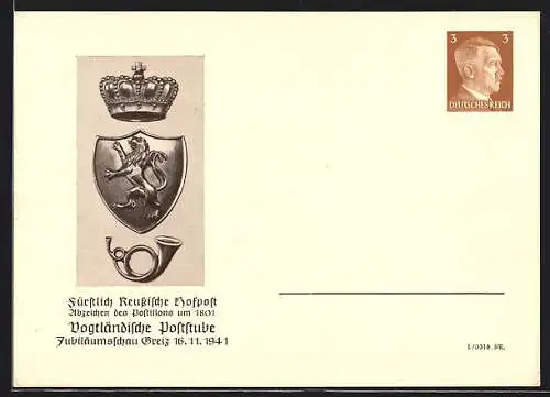 AK Greiz, Vogtländische Poststube, Fürstlich Reussische Hofpost, Abzeichen des Postillons um 1801, Ganzsache PP152C3 /02