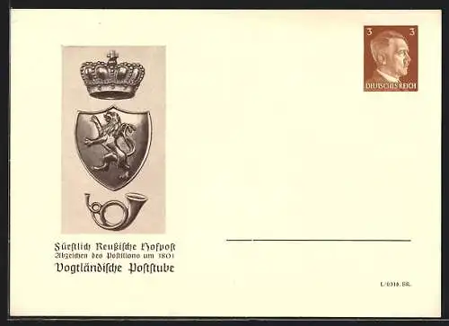 AK Vogtländische Poststube, Fürstlich Reussische Hofpost, Abzeichen des Postillons um 1801, Ganzsache PP 152 E3