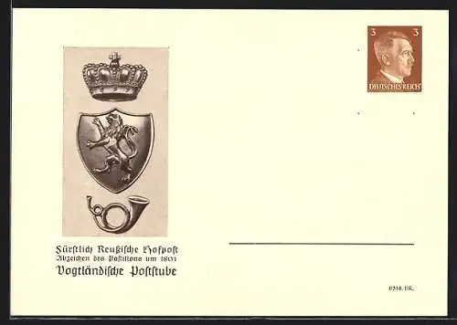 AK Vogtländische Poststube, Fürstlich Reussische Hofpost, Abzeichen des Postillons um 1801, Ganzsache PP 152 E3