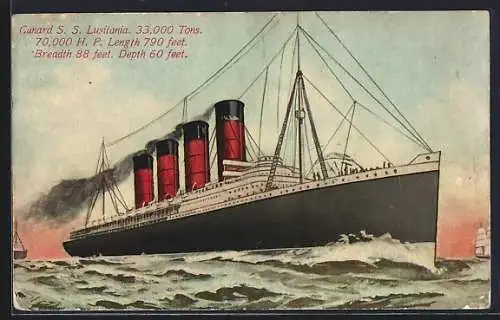AK Passagierschiff SS Lusitania der Cunard Line auf See, versenkt durch U-Boot U20