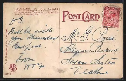 AK Passagierschiff SS Lusitania der Cunard Line auf See, versenkt durch U-Boot U20