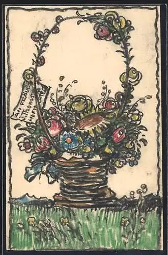Künstler-AK Handgemalt sign. Carl O. Arends: Korb mit buntem Blumenstrauss addressiert an Fräulein J. Thoms