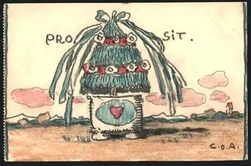 Künstler-AK Handgemalt sign. Carl O. Arends: Geschmückter Baum in einem Topf mit Herz-Motiv, Prosit