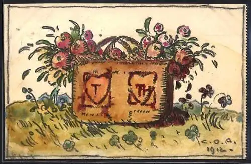 Künstler-AK Handgemalt sign. Carl O. Arends: Violetter Blumenstrauss in einem Korb auf einer Wiese