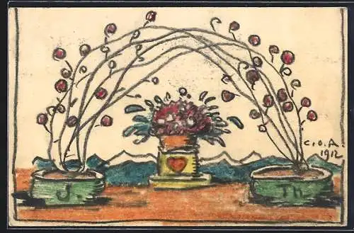 Künstler-AK Handgemalt sign. Carl O. Arends: Blumentopf mit Herz-Motiv unter einem Rosenbogen
