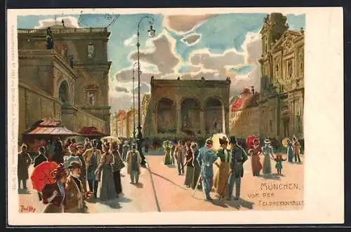 Künstler-Lithographie Paul Hey: München, Passanten vor der Feldherrenhalle