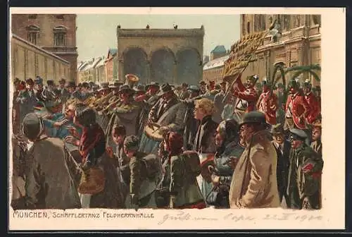 Künstler-Lithographie Paul Hey: München, Schäfflertanz vor der Feldherrnhalle