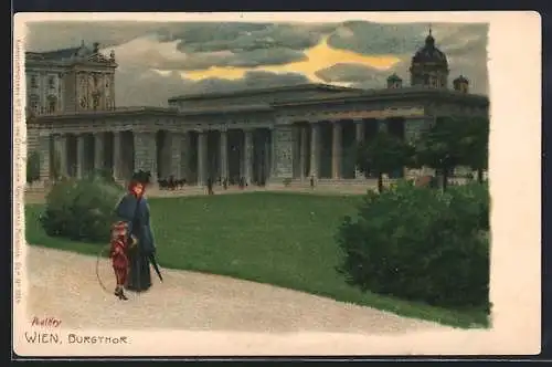 Künstler-Lithographie Paul Hey: Wien, Partie am Burgtor