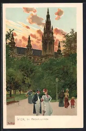 Künstler-Lithographie Paul Hey: Wien, Spaziergänger im Rathauspark