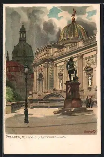 Künstler-Lithographie Paul Hey: Dresden, Academie und Semperdenkmal