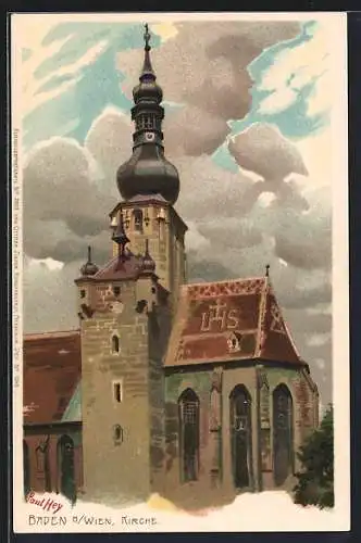 Künstler-Lithographie Paul Hey: Baden b. Wien, Blick auf die Kirche