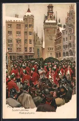 Künstler-Lithographie Paul Hey: München, Schäfflertanz auf dem Marienplatz