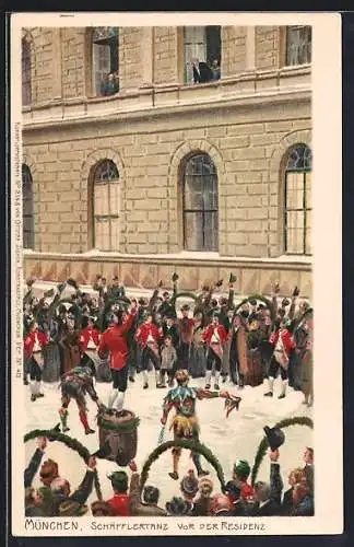 Künstler-Lithographie unsign. Paul Hey: München, Schäfflertanz vor der Residenz