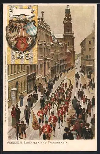 Künstler-Lithographie Paul Hey: München, Schäfflertanz in der Theatinerstrasse