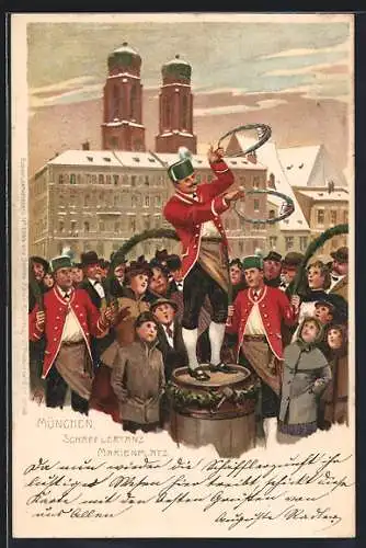 Künstler-Lithographie Paul Hey: München, Schäfflertanz auf dem Marienplatz