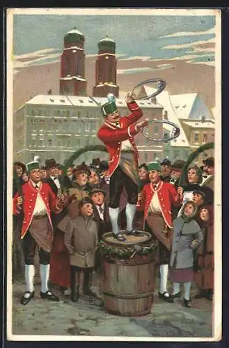 Künstler-Lithographie Paul Hey: München, Schäfflertanz auf dem Marienplatz