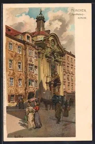 Künstler-Lithographie Paul Hey: München, Johanniskirche mit Passanten und Kutsche