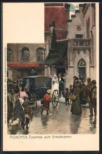 Künstler-Lithographie Paul Hey: München, Eingang zum Standesamt mit Brautpaar
