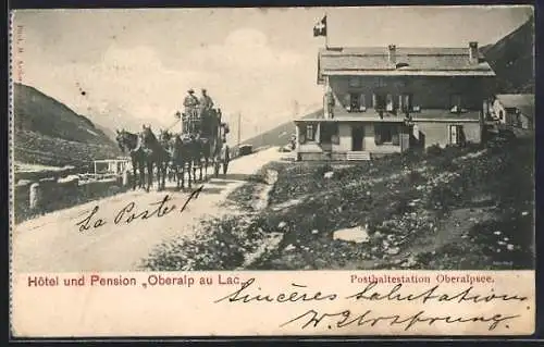 AK Tujetsch, Hotel und Pension Oberalp au Lac, Postkutsche vor dem Hotel