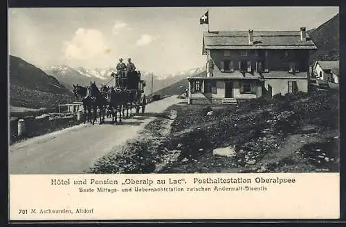AK Tujetsch, Hotel und Pension Oberalp au Lac, Postkutsche vor dem Hotel