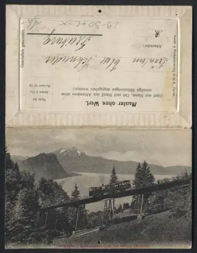 Trockenblumen-AK Rigi-Kaltbad, Ortsansicht mit Pilatus, Rigibahn auf der Schnurtobelbrücke, echtes Edelweiss innen