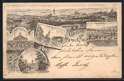 Lithographie Bruck a. Leitha, Kirchengasse, Lager-Hauptwache, Schloss Harrach