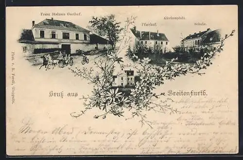 AK Breitenfurt bei Wien, Franz Stelzers Gasthof, Kirchenplatz mit Pfarrhof und Schule, Kirche