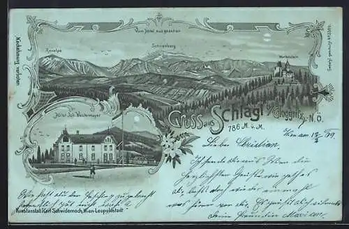 Mondschein-Lithographie Raach am Hochgebirge, Gruss aus Schlagl, Hotel Joh. Westermayer